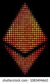 Dot ethereum crystal icon. Bright pictogram in hot color tones on a black background. Vector halftone composition of ethereum crystal pictogram formed of spheric pixels.