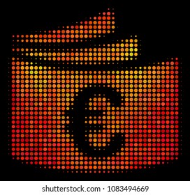 Dot euro checkbook icon. Bright pictogram in fire color tones on a black background. Vector halftone collage of euro checkbook icon created with circle pixels.