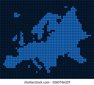 Dot Europe Map. Vector collage of Europe Map done of square dots. Vector geographic dotted pixelated map in blue colors.