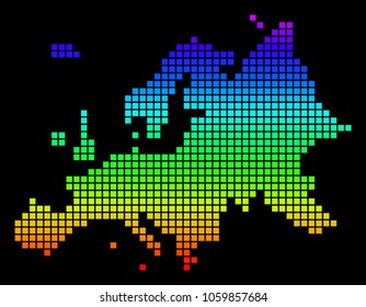 A dot Europe Map. Vector geographic map in bright spectrum colors on a black background. Colorful vector abstract composition of Europe Map constructed of square dots.