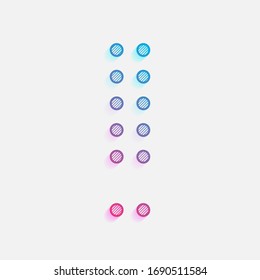 Dot exclamation mark, attention or alert sign. Colored logo with diagonal lines and blue-red gradient. Neon graphic, light effect