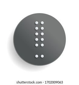 Dot exclamation mark, attention or alert sign. White paper symbol on gray round button or badge with shadow
