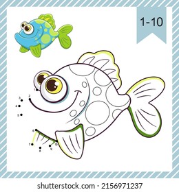Dot to dot. Exotic Fish. Logic Game and Coloring Page with answer. Connect the dots by numbers and finish draw the cartoon cute sea Fish. Education worksheet for baby practicing count numbers to 10.