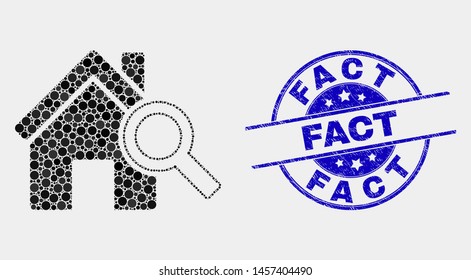Dot explore realty mosaic pictogram and Fact seal stamp. Blue vector round scratched seal stamp with Fact phrase. Vector composition in flat style. Black isolated explore realty mosaic of random dots,