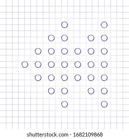 Dot fast backward music. Hand drawn picture on paper sheet. Blue ink, outline sketch style. Doodle on checkered background