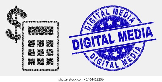 Dot financial calculator mosaic pictogram and Digital Media stamp. Blue vector round textured seal with Digital Media caption. Vector combination in flat style.