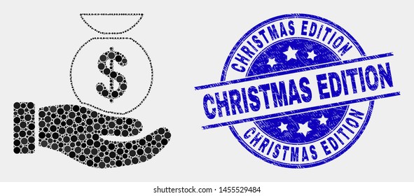 Dot financial service hand mosaic icon and Christmas Edition watermark. Blue vector round scratched seal stamp with Christmas Edition text. Vector composition in flat style.
