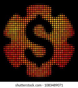 Dot financial settings gear icon. Bright pictogram in orange color tones on a black background. Vector halftone pattern of financial settings gear symbol organized of round pixels.
