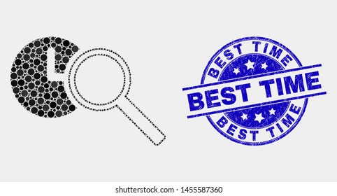 Dot find time mosaic pictogram and Best Time seal stamp. Blue vector rounded grunge seal with Best Time caption. Vector collage in flat style.