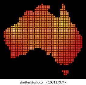 Dot fire Australia Map. Vector geographic map in bright orange color tints on a black background. Vector pattern of Australia Map composed of square points.