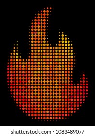 Dot fire flame icon. Bright pictogram in fire color variations on a black background. Vector halftone collage of fire flame pictogram constructed of round items.