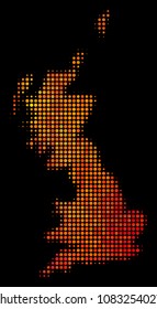 Dot fire Great Britain map. Vector geographical scheme in orange color shades on a black background. Halftone mosaic of Great Britain map designed of spheric elements.
