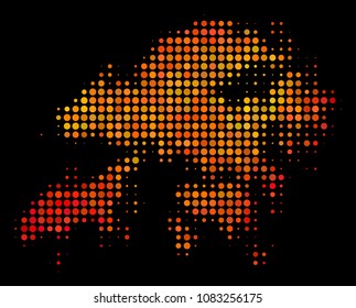 Dot fire Hong Kong map. Vector geographic plan in orange color tinges on a black background. Halftone collage of Hong Kong map combined from spheric pixels.
