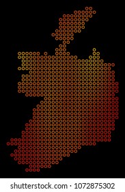 Dot fire Ireland Republic Map. Vector geographic map in fire color shades on a black background. Vector collage of Ireland Republic Map created of spheric elements.