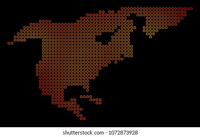 Dot fire North America Map. Vector geographic map in orange color variations on a black background. Vector collage of North America Map done of circle spots.