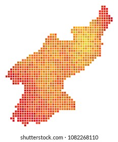 Dot fire North Korea Map. Vector geographical map in bright orange color variations on a white background. Vector collage of North Korea Map created of square points.