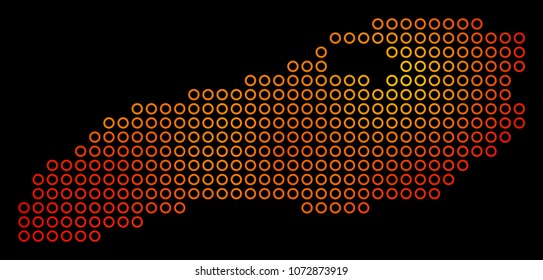Dot fire Ontario Lake Map. Vector territorial map in fire color shades on a black background. Vector composition of Ontario Lake Map composed of contour spheres.