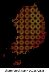 Dot fire South Korea Map. Vector geographic map in orange color hues on a black background. Vector concept of South Korea Map made of circle elements.