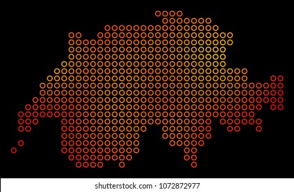 Dot fire Swissland Map. Vector territory map in fire color tones on a black background. Vector pattern of Swissland Map made of sphere elements.