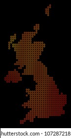Dot fire United Kingdom Map. Vector territorial map in fire color variations on a black background. Vector pattern of United Kingdom Map created of small spheres.