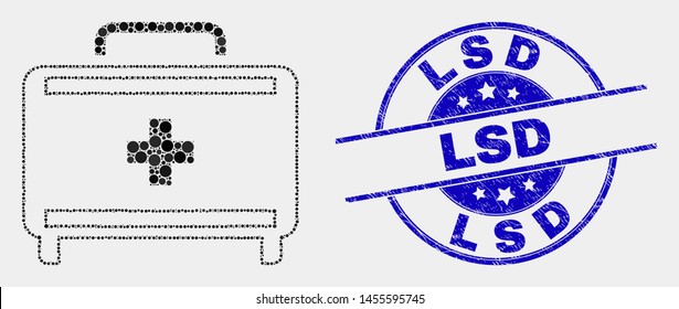 Dot first aid case mosaic icon and Lsd seal stamp. Blue vector rounded grunge seal stamp with Lsd phrase. Vector composition in flat style. Black isolated first aid case mosaic of scattered spheres,