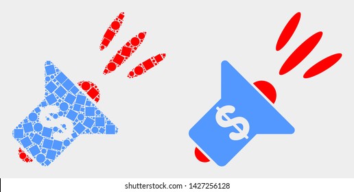 Dot and flat banking advertising megaphone icons. Vector mosaic of banking advertising megaphone composed of irregular square particles and circle items.
