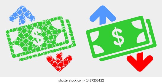 Dot and flat banknotes exchange arrows icons. Vector mosaic of banknotes exchange arrows designed of randomized square dots and circle pixels.