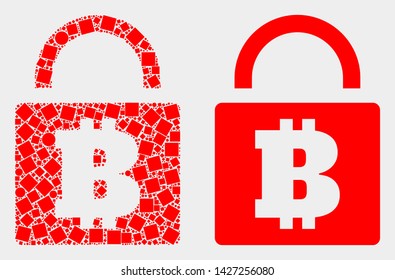 Dot and flat bitcoin lock icons. Vector mosaic of bitcoin lock organized of irregular square pixels and spheric dots.