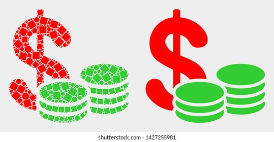 Dot and flat cash icons. Vector mosaic of cash constructed of scattered dots and circle elements.