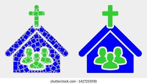 Dot and flat church people icons. Vector mosaic of church people formed with scattered square pixels and circle pixels.