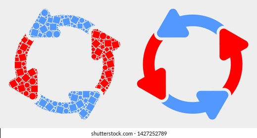 Dot and flat circulation arrows icons. Vector mosaic of circulation arrows formed of randomized rectangle elements and circle elements.