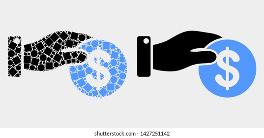 Dot and flat coin payment hand icons. Vector mosaic of coin payment hand formed of irregular square particles and circle points.