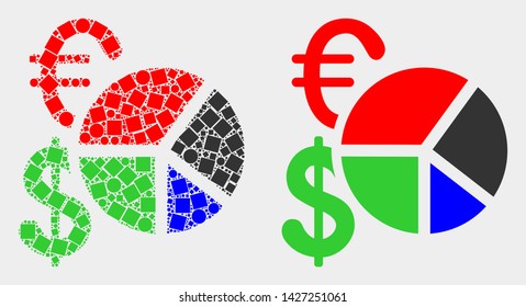Dot and flat currency pie chart icons. Vector mosaic of currency pie chart constructed of random square pixels and spheric pixels.
