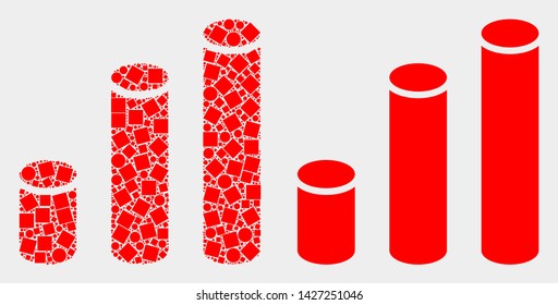 Dot and flat cylinder chart icons. Vector mosaic of cylinder chart constructed of randomized square elements and circle elements.