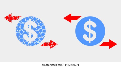 Dot and flat dollar exchange arrows icons. Vector mosaic of dollar exchange arrows formed of random square dots and circle items.