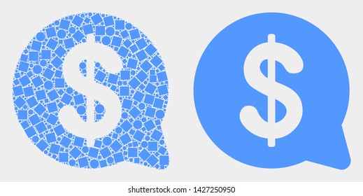 Dot and flat dollar message balloon icons. Vector mosaic of dollar message balloon combined of irregular rectangle elements and spheric pixels.