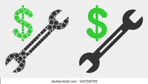 Dot and flat dollar wrench icons. Vector mosaic of dollar wrench organized of irregular rectangle elements and circle elements.