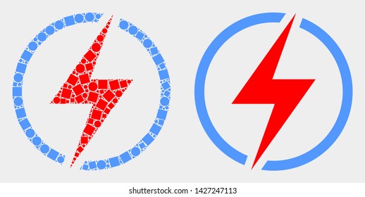 Dot and flat electricity icons. Vector mosaic of electricity composed of scattered small rectangles and circle points.