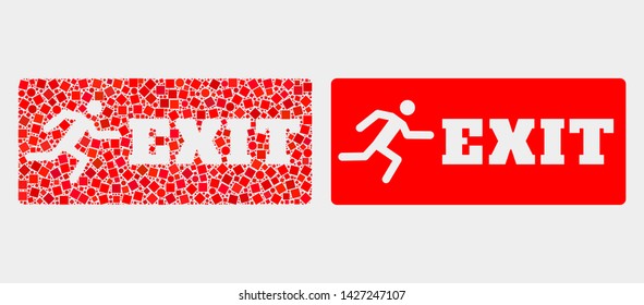 Dot and flat emergency exit icons. Vector mosaic of emergency exit constructed of irregular square particles and spheric dots.