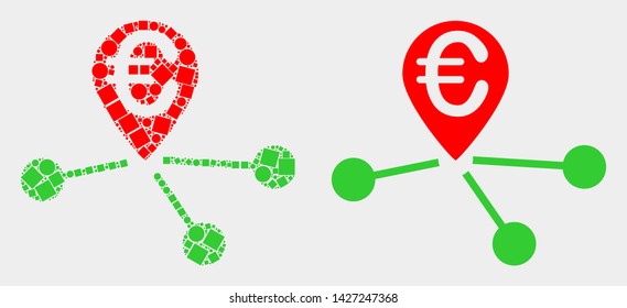 Dot and flat euro location links icons. Vector mosaic of euro location links organized of scattered square dots and round dots.