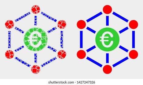 Dot and flat euro network icons. Vector mosaic of euro network created of random square dots and spheric dots.