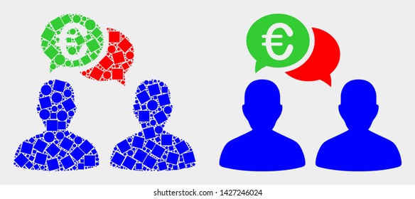 Dot and flat euro people chat icons. Vector mosaic of euro people chat created of scattered square particles and spheric items.
