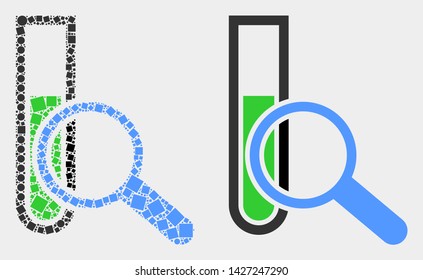 Dot and flat explore test-tube icons. Vector mosaic of explore test-tube combined of scattered square elements and spheric elements.