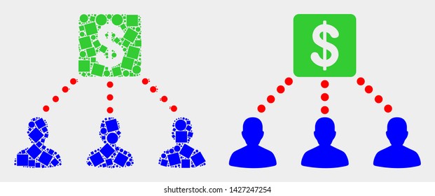 Dot and flat financial clients links icons. Vector mosaic of financial clients links formed of irregular square pixels and round pixels.