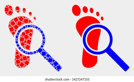Dot and flat footprint audit magnifier icons. Vector mosaic of footprint audit magnifier constructed of random square elements and round elements.