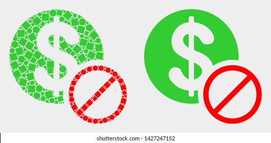 Dot and flat forbidden dollar icons. Vector mosaic of forbidden dollar formed of random dots and round dots.
