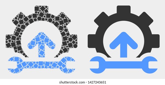 Dot and flat gear integration arrow icons. Vector mosaic of gear integration arrow composed with random dots and circle dots.