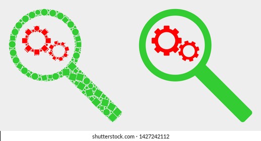 Dot and flat gears audit icons. Vector mosaic of gears audit combined of irregular square particles and spheric points.
