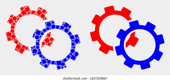 Dot and flat gears icons. Vector mosaic of gears constructed of scattered dots and round dots.