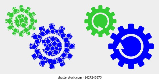 Dot and flat gears rotation icons. Vector mosaic of gears rotation organized with randomized square elements and circle elements.